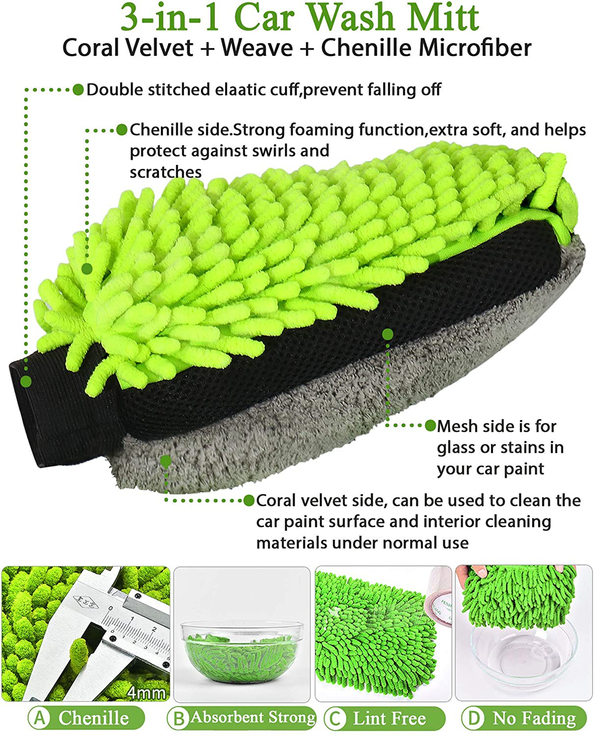 GreatCool Car Wash Collapsible Bucket with 3-in-1 Car Wash Mitt, Coral Velvet + Weave + Chenille Microfiber Glove Sponge, 10L (2.6 Gallon) Portable Folding Basin Pail for Car Household Cleaning