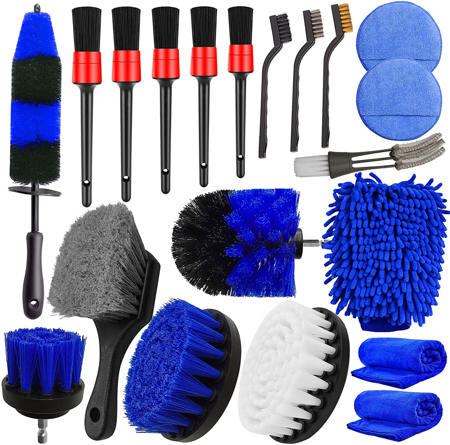 Jaronx 15 PCS Car Wheel & Tire Brush Set, 17 Inches Long Handle Rim Wheel Brush, Short Handle Wheel Brush, Detailing Brushes, Wash Mitt, Vent Duster, Wax Applicator Pads, Washing Towels, Wire Brushes