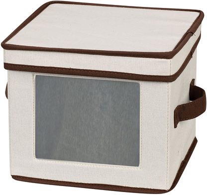 Household Essentials Natural 532 Dinnerware Box with Lid and Handles | Storage Bin for Dessert Plates or Bowls Canvas with Brown Trim