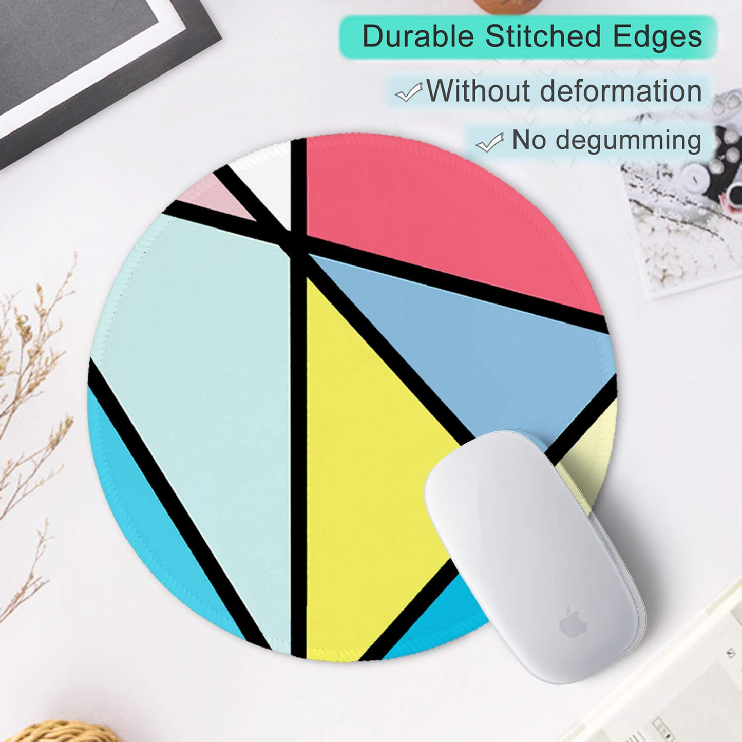 ITNRSIIET Mouse Pad, Colorful Geometric Pattern Design Round Mousepad. Customized Gaming Mousepads for Laptop and Computer. Cute Design Desk Accessories. Non-Slip, Stitched Edges, Waterproof