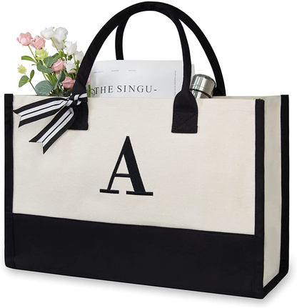 Personalized Initial Canvas Beach Bag, Monogrammed Gift Tote Bag for Women