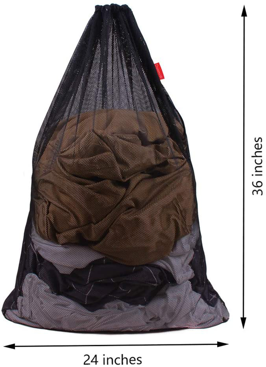 DuomiW Mesh Laundry Bag Heavy Duty Drawstring Bag, Factories, College, Dorm, Travel and Apartment Dwellers, 24 x 36 Inches, 2 Pack, Black