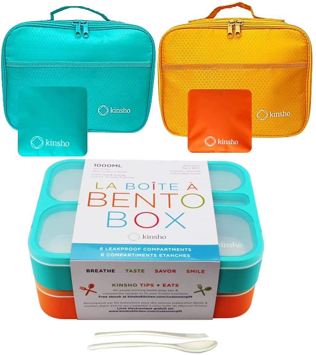 Kid Bento Lunch Box with Bag, Ice Packs | 2 Boxes & Bags & Cold Pack for Kids Adults | Value Container Set for School Lunches, 6 Compartments Leakproof BPA Free, Two Blue & Pink
