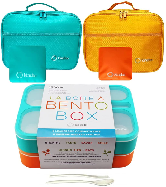 Kid Bento Lunch Box with Bag, Ice Packs | 2 Boxes & Bags & Cold Pack for Kids Adults | Value Container Set for School Lunches, 6 Compartments Leakproof BPA Free, Two Blue & Pink