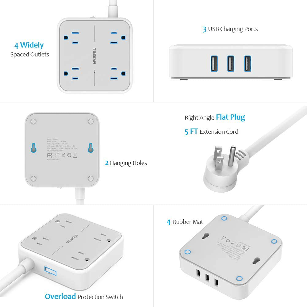 Power Strip with USB Ports, TESSAN Mountable Flat Plug Extension Cord with 4 Widely Spaced Outlets, 3 USB Charger 5 FT Power Cord, Compact Size Charging Station for Travel, Cruise Ship Essentials