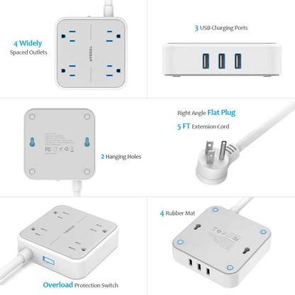 Power Strip with USB Ports, TESSAN Mountable Flat Plug Extension Cord with 4 Widely Spaced Outlets, 3 USB Charger 5 FT Power Cord, Compact Size Charging Station for Travel, Cruise Ship Essentials