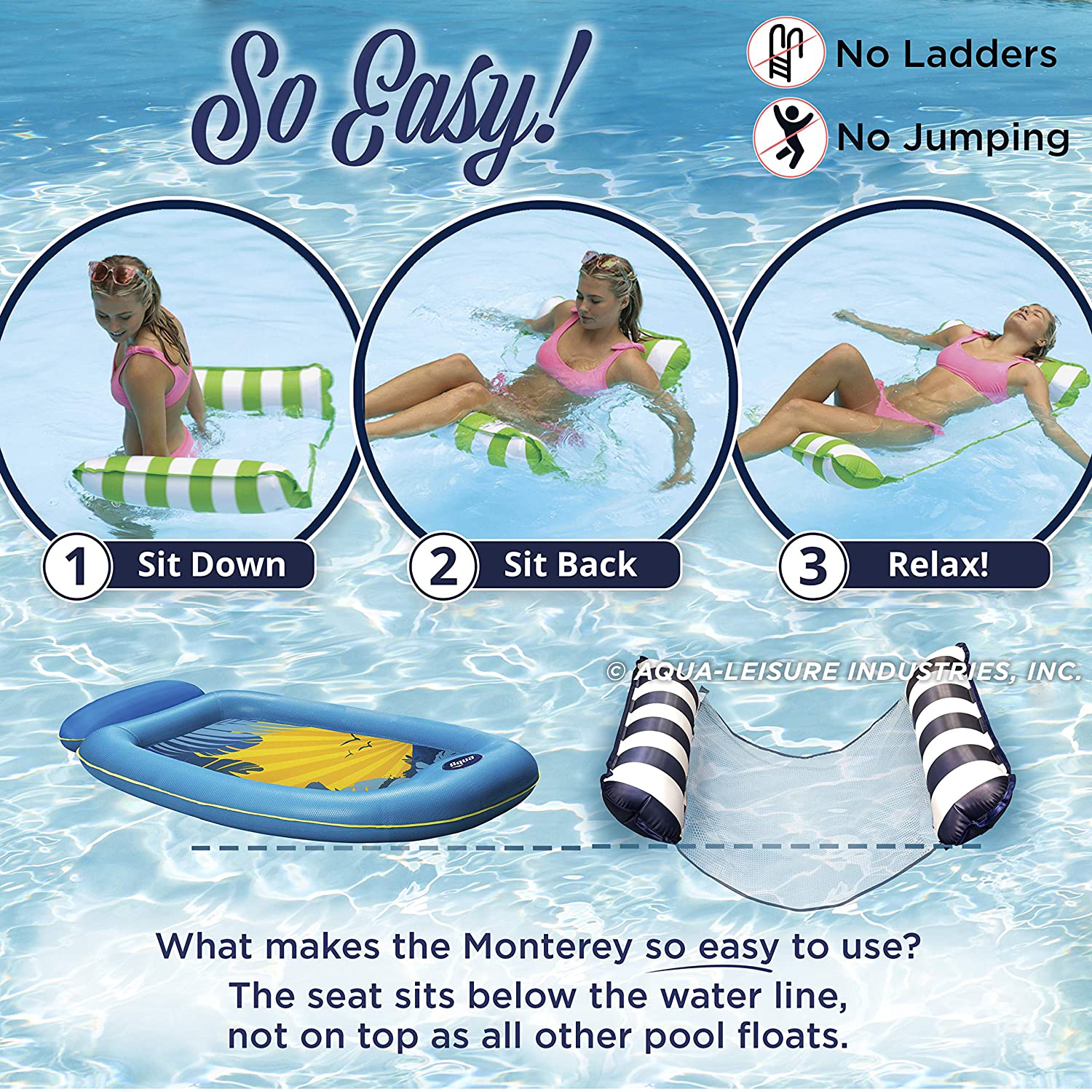 Aqua LEISURE 4-in-1 Monterey Hammock Inflatable Pool Float, Multi-Purpose Pool Hammock (Saddle, Lounge Chair, Hammock, Drifter) Pool Chair, Portable Water Hammock, Orange/White Stripe, One Size