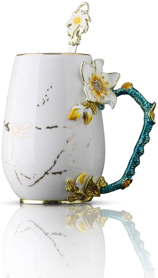 Luka Tech Enamels Butterfly flower Ceramic Coffee Mugs Tea Cup with Steel Spoon, personalised Gifts For Women Wife Mom Friends Birthday Mothers Valentines Day Wedding (White)