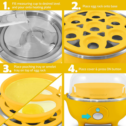 Elite Gourmet Easy Electric 7 Egg Capacity Cooker Poacher, Scrambled, Omelet Maker with Auto Shut-Off 