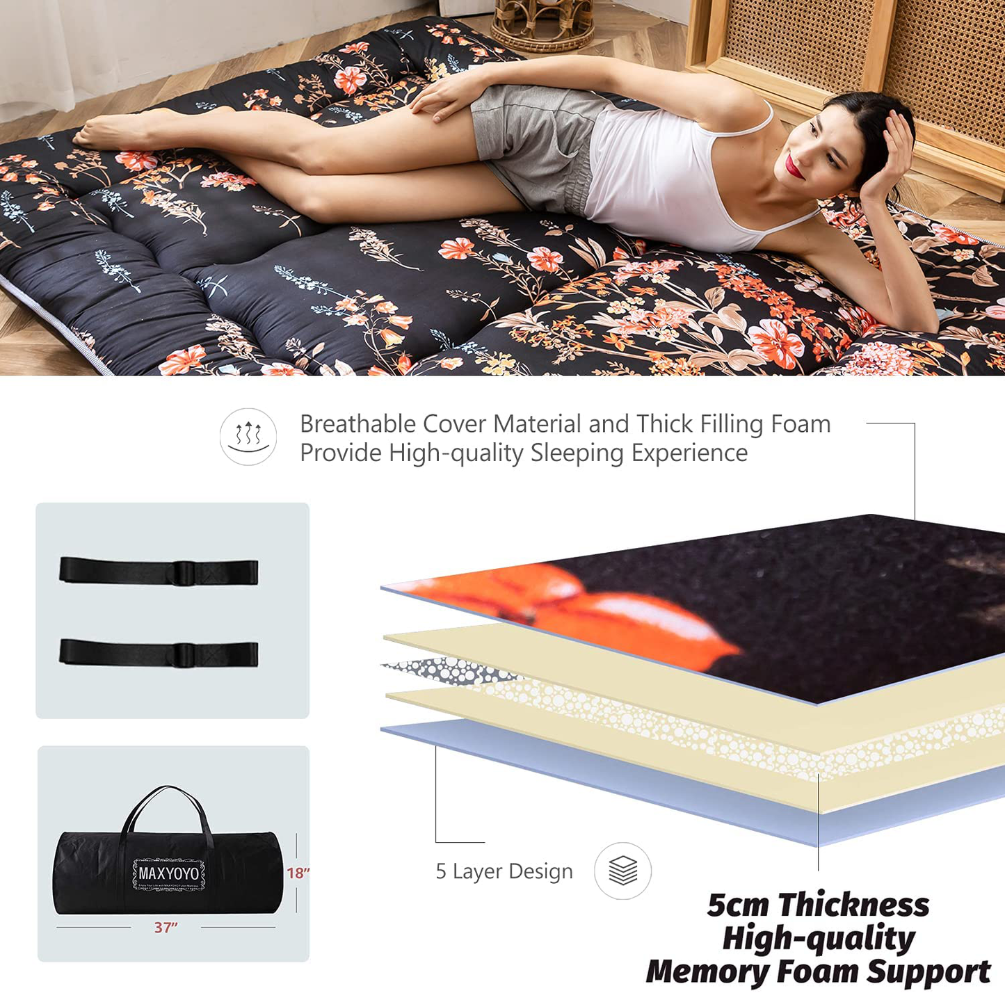 Floral Japanese Futon Floor Mattress, Bed Mattress Topper with Roll Up Design 