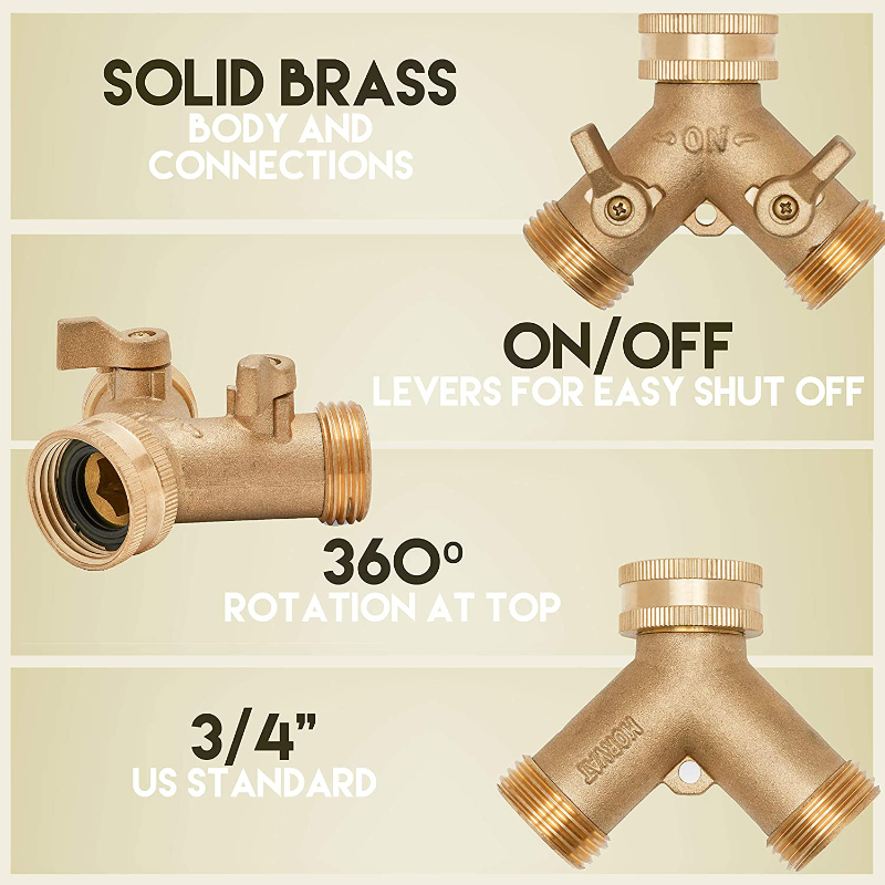 Heavy Duty 2 Way Brass Garden Hose Connector Tap Splitter With 2 Extra Rubber Washers