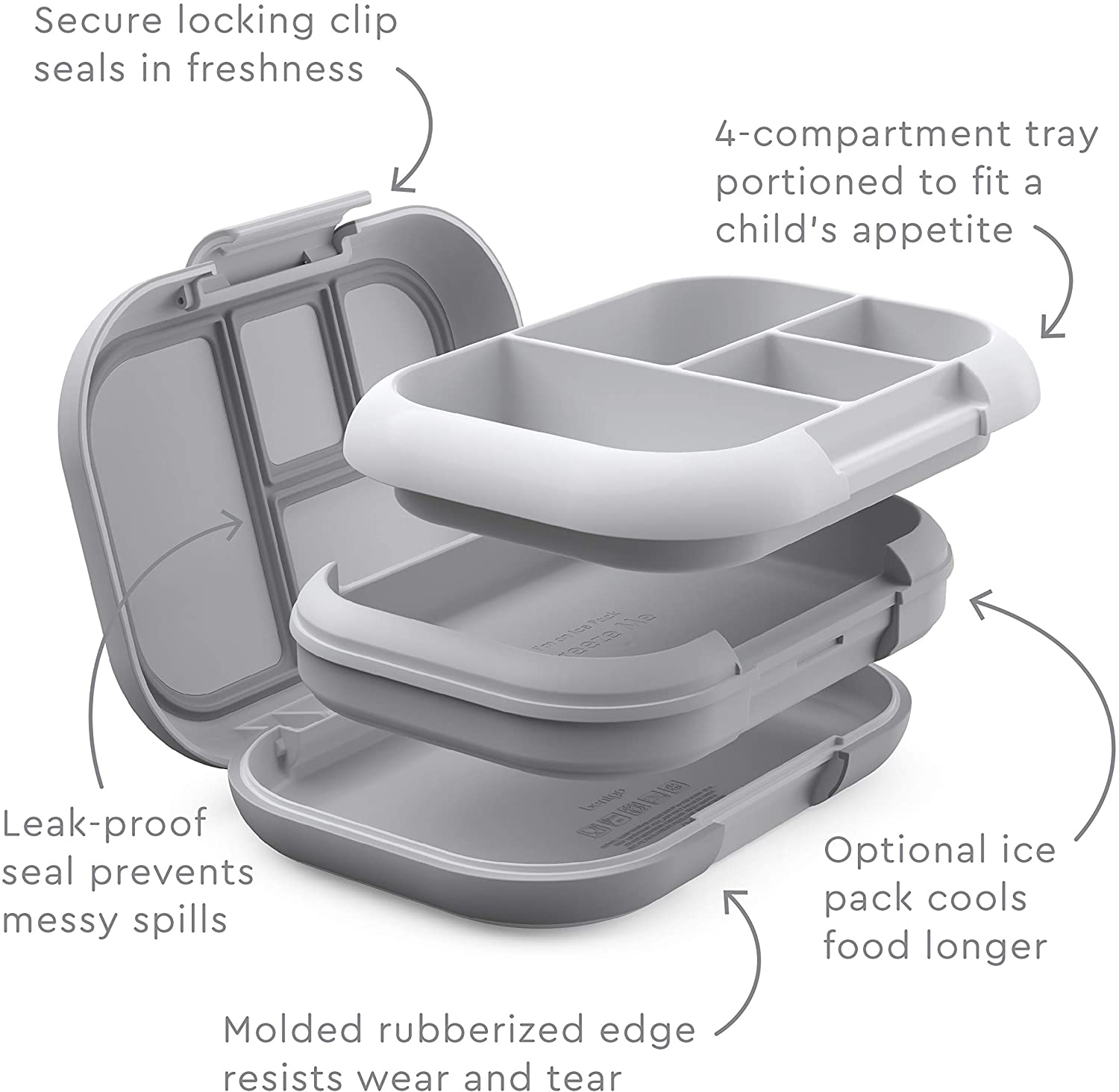 Bentgo Kids Chill Lunch Box - Bento-Style Lunch Solution with 4 Compartments and Removable Ice Pack for Meals and Snacks On-the-Go - Leak-Proof, Dishwasher Safe, BPA-Free (Gray)