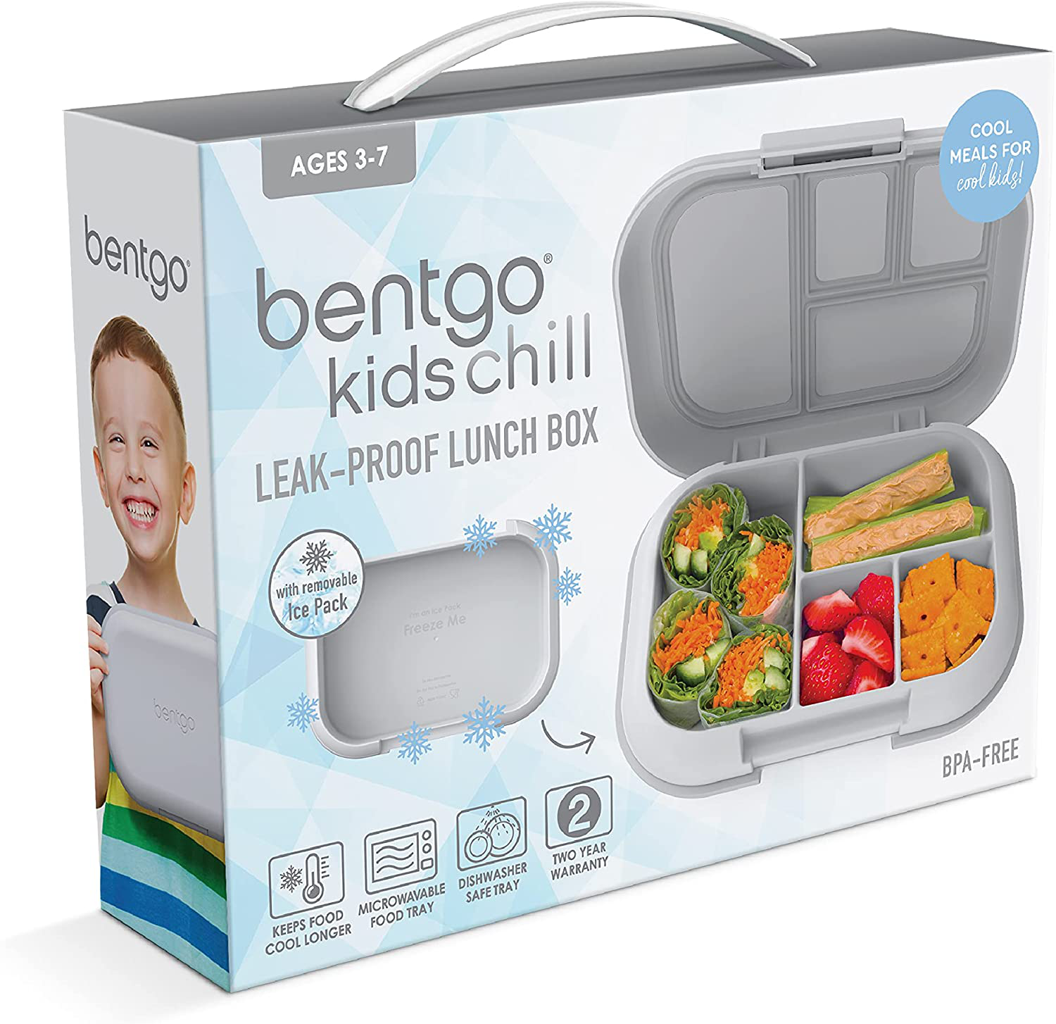 Bentgo Kids Chill Lunch Box - Bento-Style Lunch Solution with 4 Compartments and Removable Ice Pack for Meals and Snacks On-the-Go - Leak-Proof, Dishwasher Safe, BPA-Free (Gray)