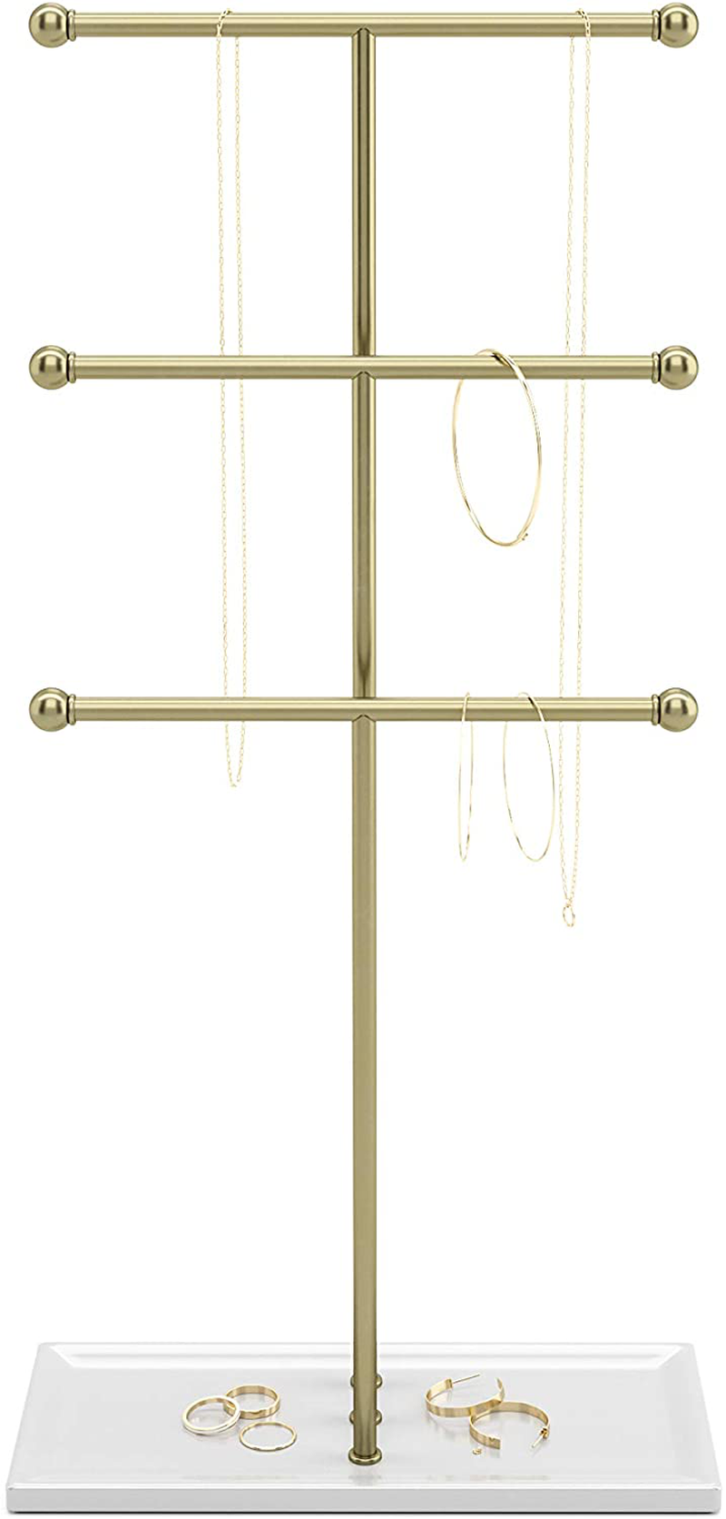 Umbra Trigem Hanging Jewelry Organizer Tiered Tabletop Countertop Free Standing Necklace Holder Display, 3, Brass/White