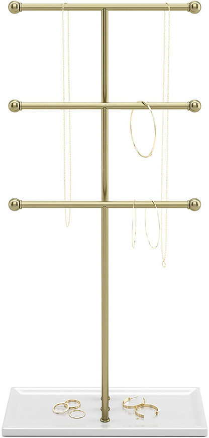 Umbra Trigem Hanging Jewelry Organizer Tiered Tabletop Countertop Free Standing Necklace Holder Display, 3, Brass/White