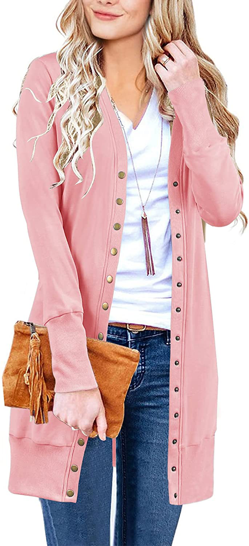 MEROKEETY Women's Long Sleeve Snap Button Down Solid Color Knit Ribbed Neckline Cardigans
