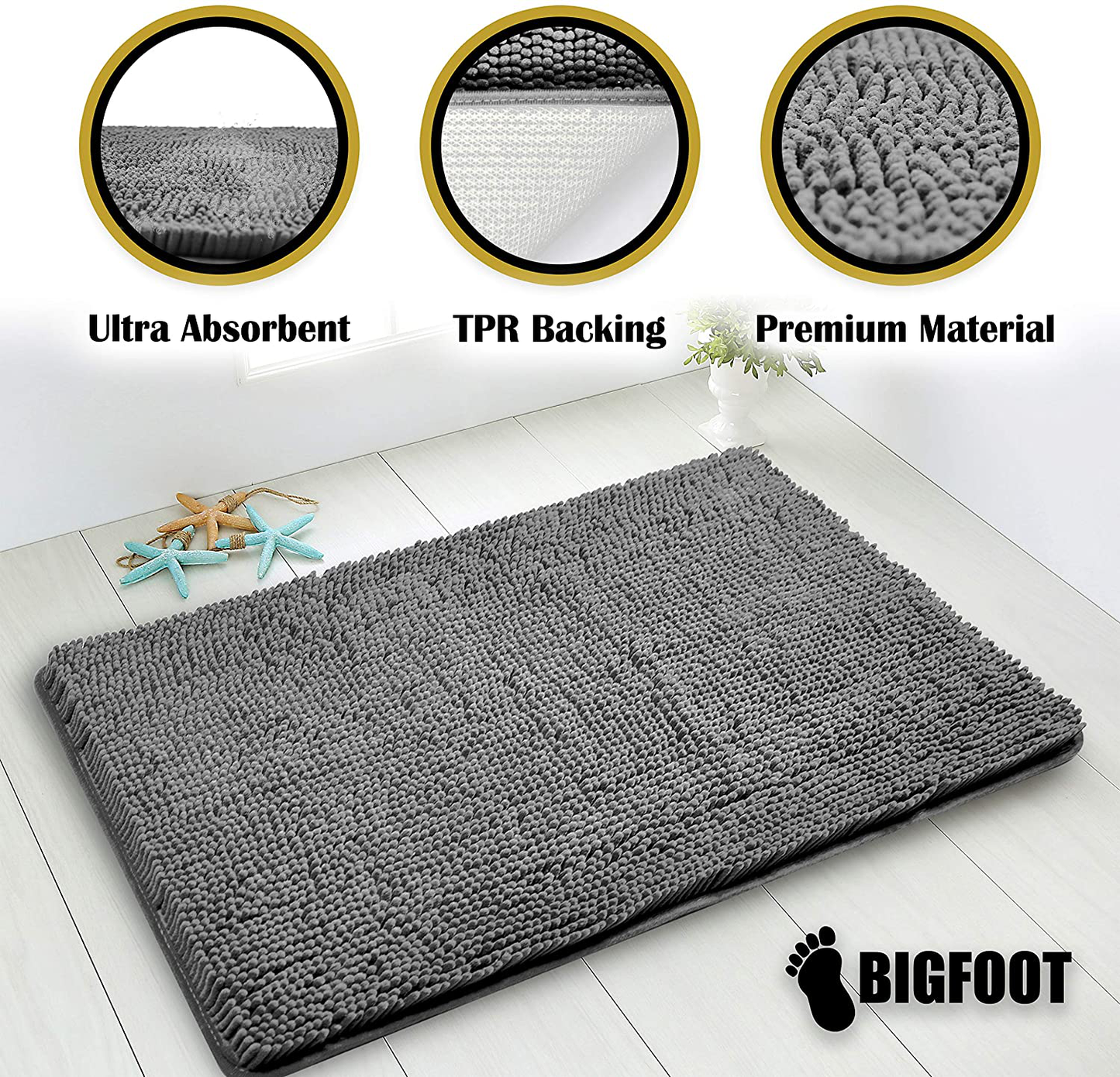 Luxury Chenille Bathroom Rug Mat, Extra Soft and Absorbent Shaggy Rugs, Non Slip, Machine Wash