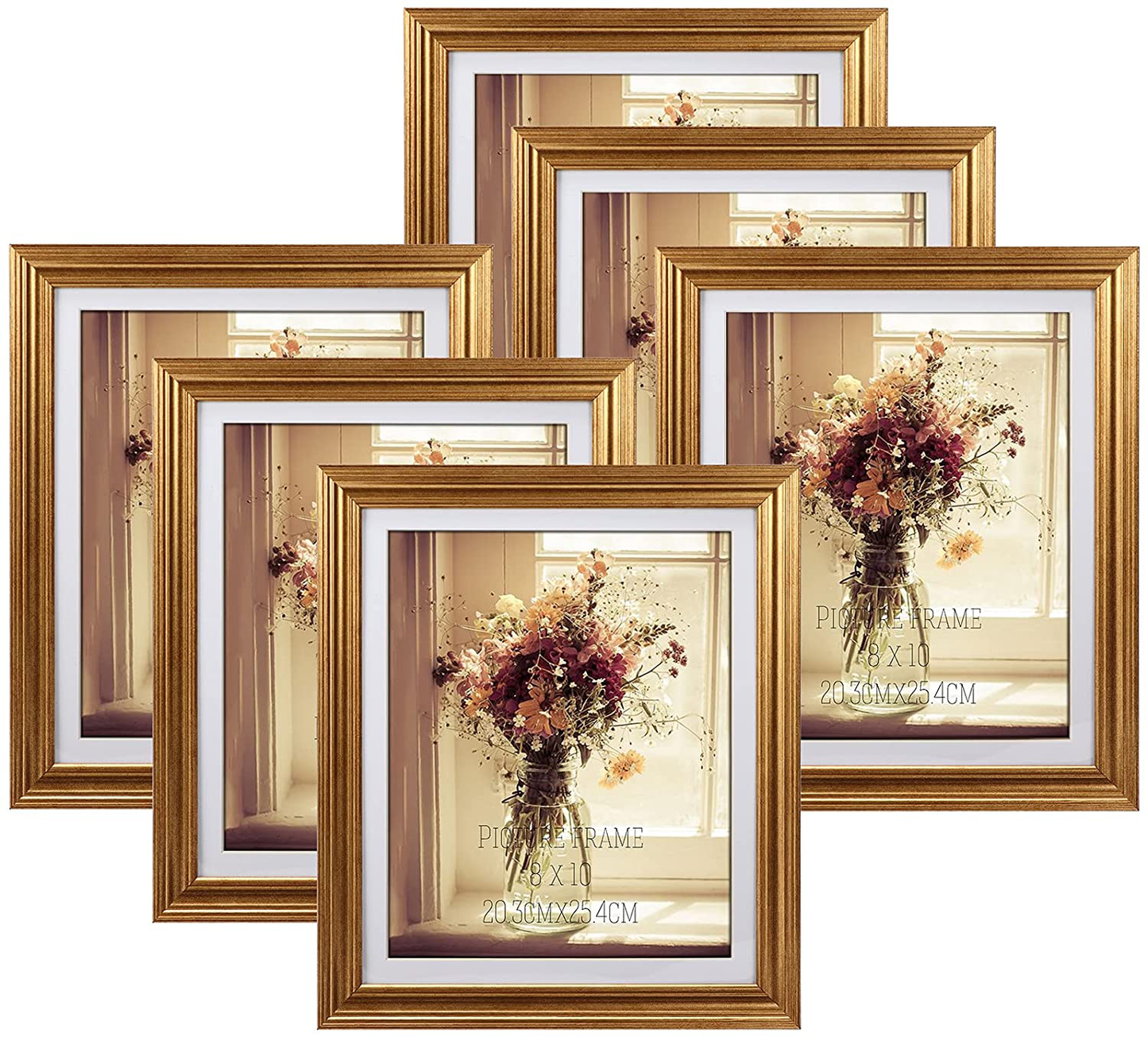 MEBRUDY 4x6 Picture Frames Set of 6, Display Pictures 4x6 with Mat or 5x7 Without Mat, Gold Photo Frames for Wall Mount or Table Top