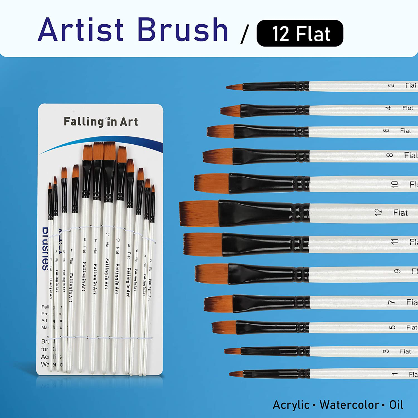 Falling in Art Paint Brushes Set, 12 PCS Nylon Professional Flat Paint Brushes for Watercolor, Oil Painting, Acrylic, Face Body Nail Art, Crafts, Rock Painting