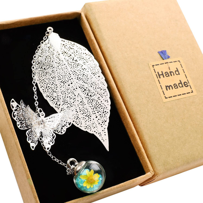 Metal Leaf Bookmark with 3D Butterfly Pendant