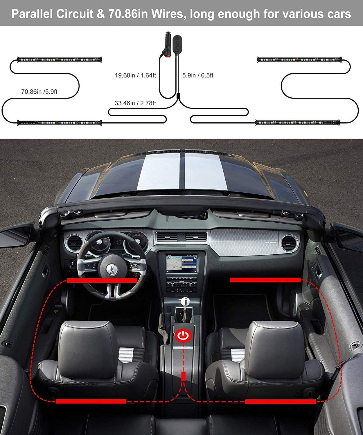 Govee Interior Car Lights, LED Car Strip Lights with 2 Lines Waterproof Design, 48 LEDs App Control Car Light Kit, DIY Mode and Music Sync Under Dash Car Lighting with Car Charger, DC 12V