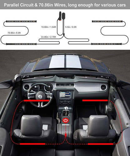 Govee Interior Car Lights, LED Car Strip Lights with 2 Lines Waterproof Design, 48 LEDs App Control Car Light Kit, DIY Mode and Music Sync Under Dash Car Lighting with Car Charger, DC 12V