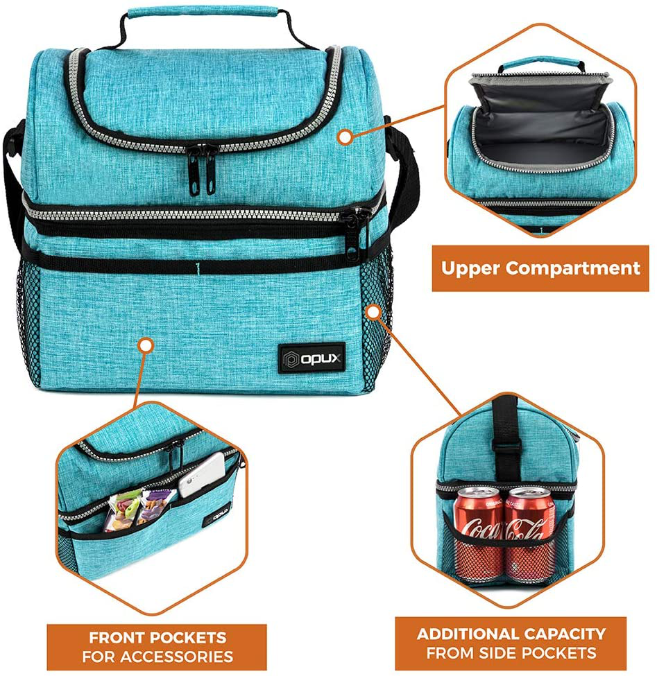 Insulated Dual Compartment Lunch Bag for Men, Women | Double Deck Reusable Lunch Box Cooler with Shoulder Strap, Leakproof Liner | Medium Lunch Pail for School, Work, Office (Charcoal Gray)