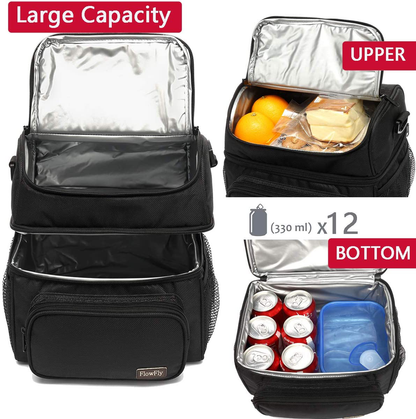 FlowFly Double Layer Cooler Insulated Lunch Bag Adult Lunch Box Large Tote Bag for Men, Women, With Adjustable Strap,Front Pocket and Dual Large Mesh Side Pockets,Purple