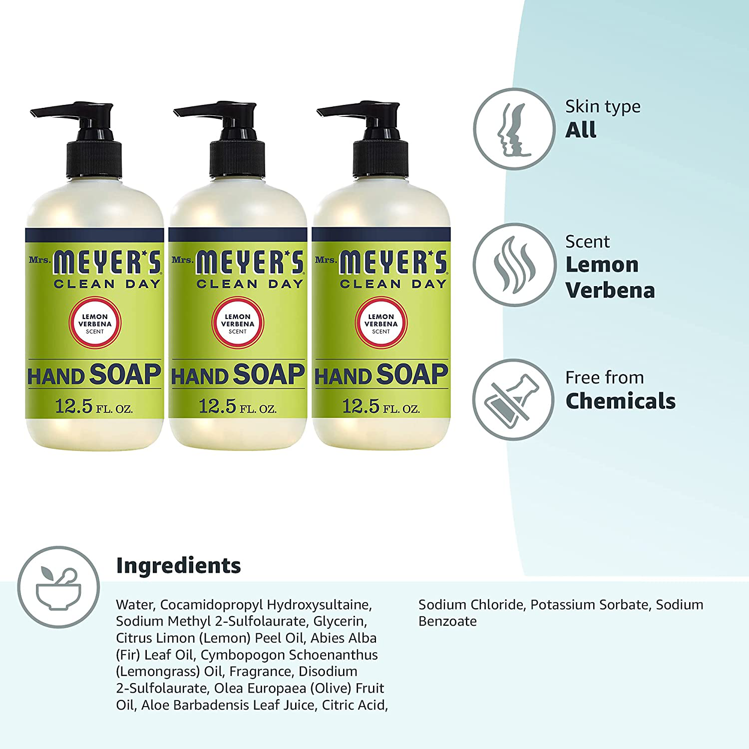 Mrs. Meyer's Clean Day Liquid Hand Soap, Cruelty Free and Biodegradable Hand Wash Formula Made with Essential Oils, Lemon Verbena Scent, 12.5 oz - Pack of 3