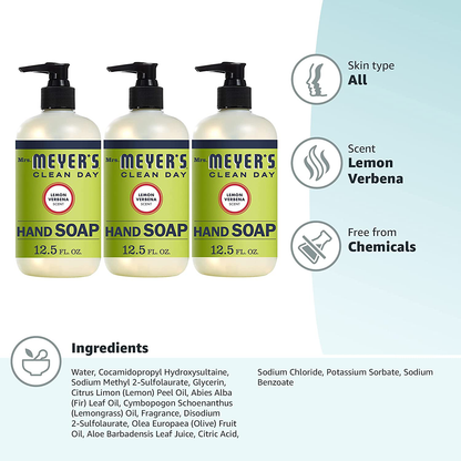 Mrs. Meyer's Clean Day Liquid Hand Soap, Cruelty Free and Biodegradable Hand Wash Formula Made with Essential Oils, Lemon Verbena Scent, 12.5 oz - Pack of 3