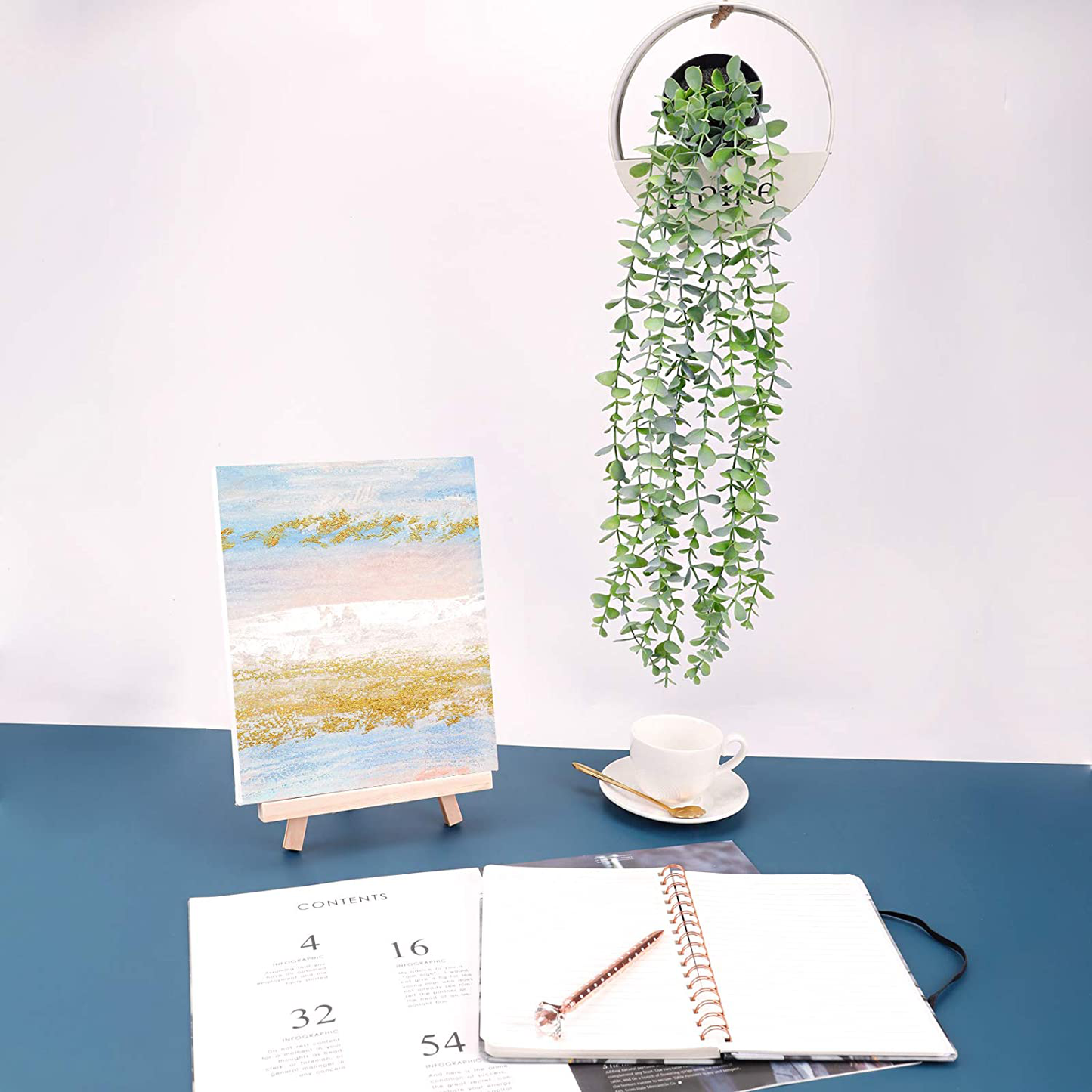 Funarty Fake Plants Decor Small Artificial Hanging Plants Fake Eucalyptus Potted Plants Faux Greenery Vine Plant with Black Pot for Home Indoor Outdoor Décor