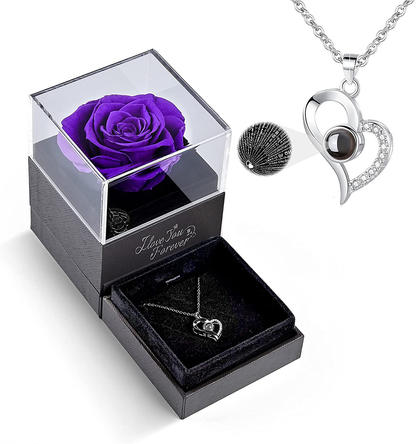 Christmas Preserved Real Red Rose with I Love You Necklace in 100 Languages -Gifts for Mom Wife Girlfriend Fiancée Her on Christmas Anniversary Mother's Day Valentine's Day Birthday Gifts for Women