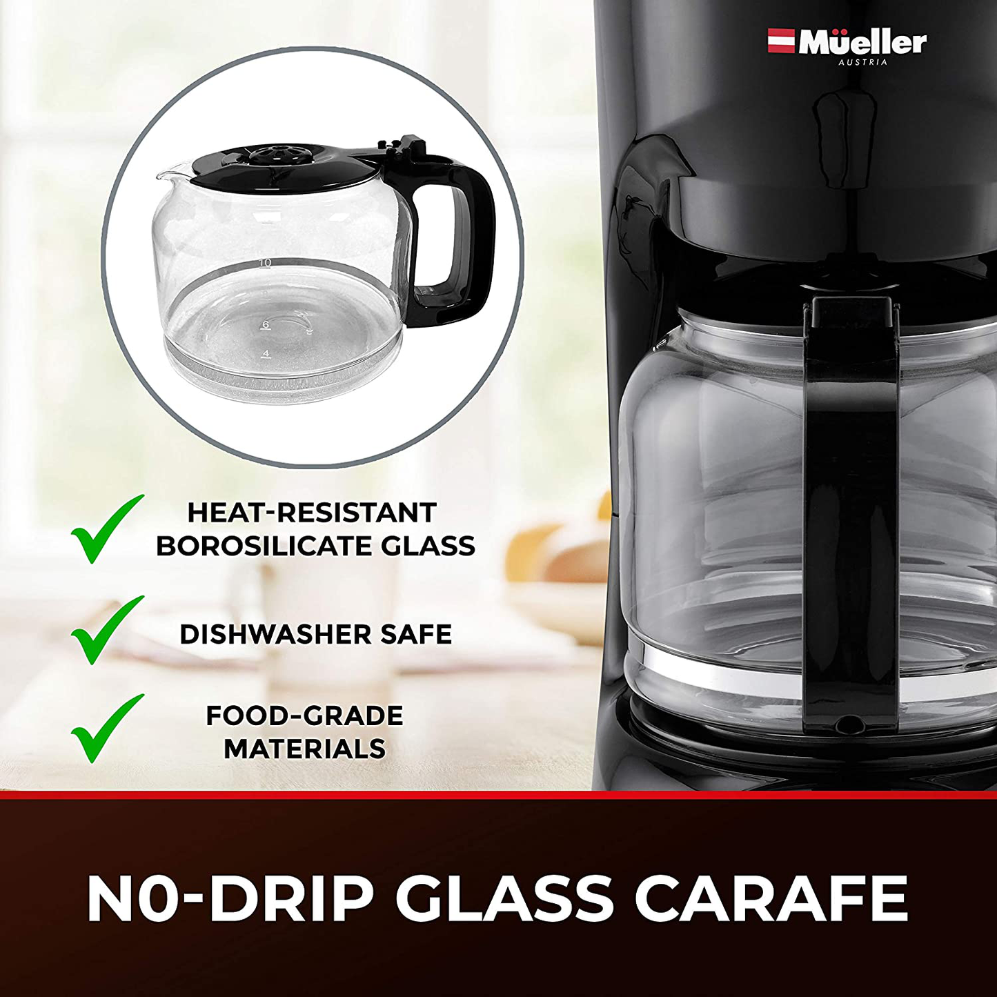 Mueller 12-Cup Drip Coffee Maker, Auto Keep Warm Function, Smart Anti-Drip System, with Durable Permanent Filter and  Borosilicate Glass Carafe, Clear Water Level Window Coffee Machine