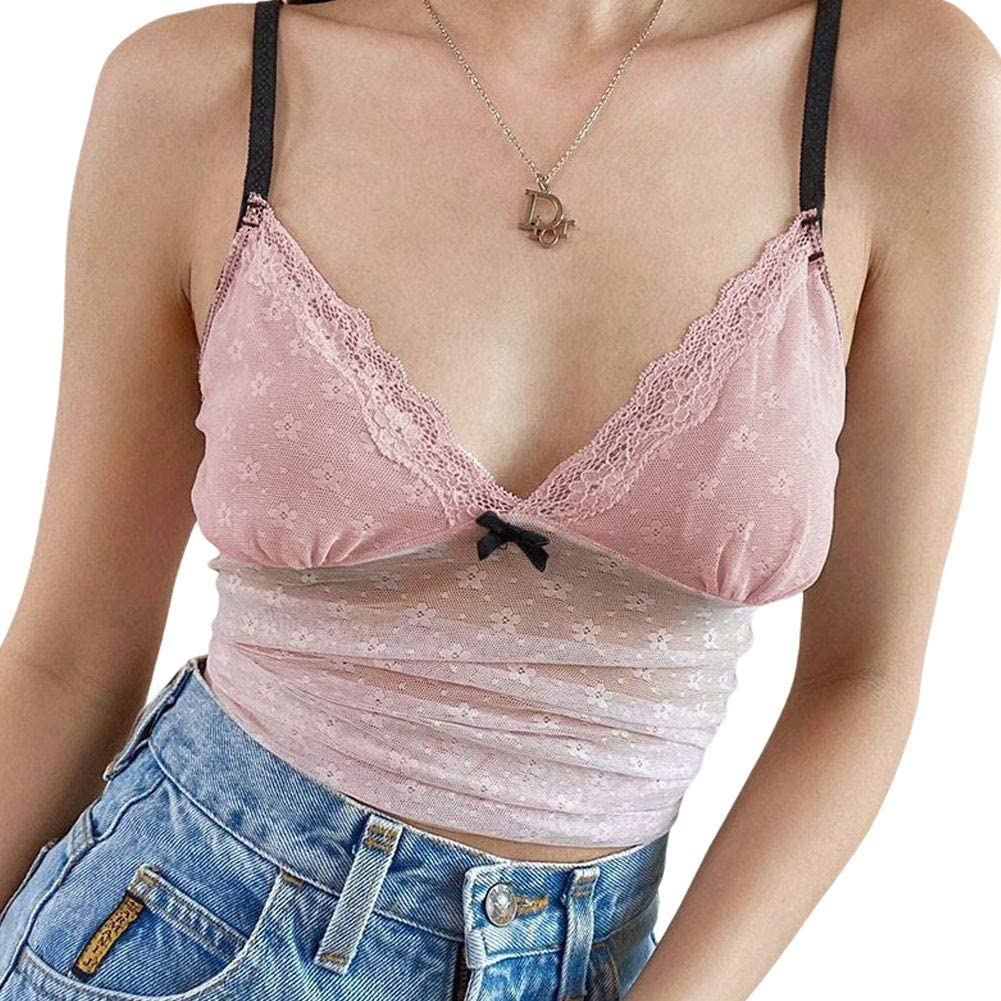 Women Y2K Cropped Tank Tops Sexy V Neck Spaghetti Strap Crop Top Lace Cami Shirt Sleeveless Patchwork Camisole