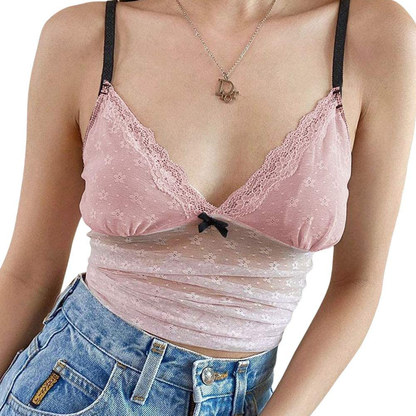 Women Y2K Cropped Tank Tops Sexy V Neck Spaghetti Strap Crop Top Lace Cami Shirt Sleeveless Patchwork Camisole