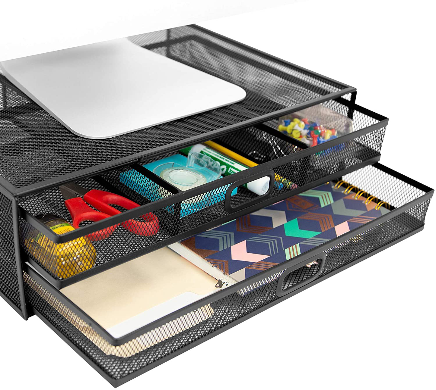 MOUNT-IT! Mesh Computer Monitor Stand Riser [Metal] Desk Organizer with Two Pullout Storage Drawers for Desktop, Laptop, and Printer Accessories and Office Supplies (White)