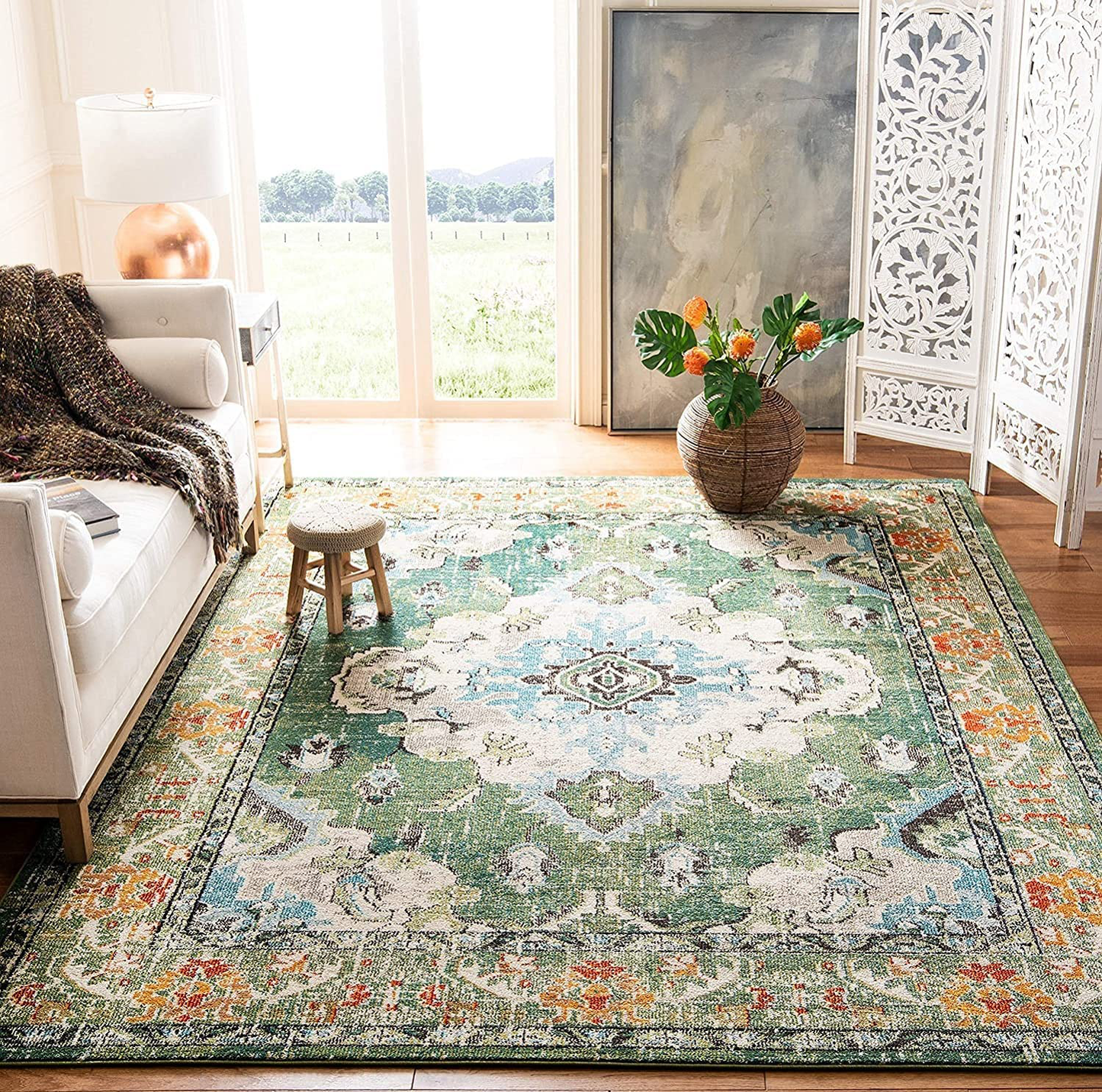 Safavieh Monaco Collection MNC243P Boho Chic Medallion Distressed Non-Shedding Stain Resistant Living Room Bedroom Area Rug, 4' x 5'7", Violet / Fuchsia
