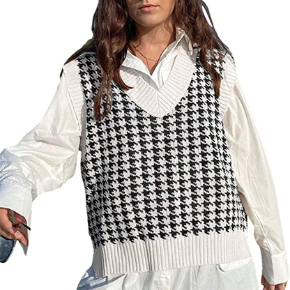 Jlihang Oversized Houndstooth Knitted Vest Sweater Vintage V Neck Loose Sleeveless Sweater