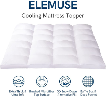 ELEMUSE Full White Cooling Mattress Topper for Back Pain, Extra Thick Mattress pad Cover, Plush Soft Pillowtop with Elastic Deep Pocket, Overfilled Down Alternative Filling