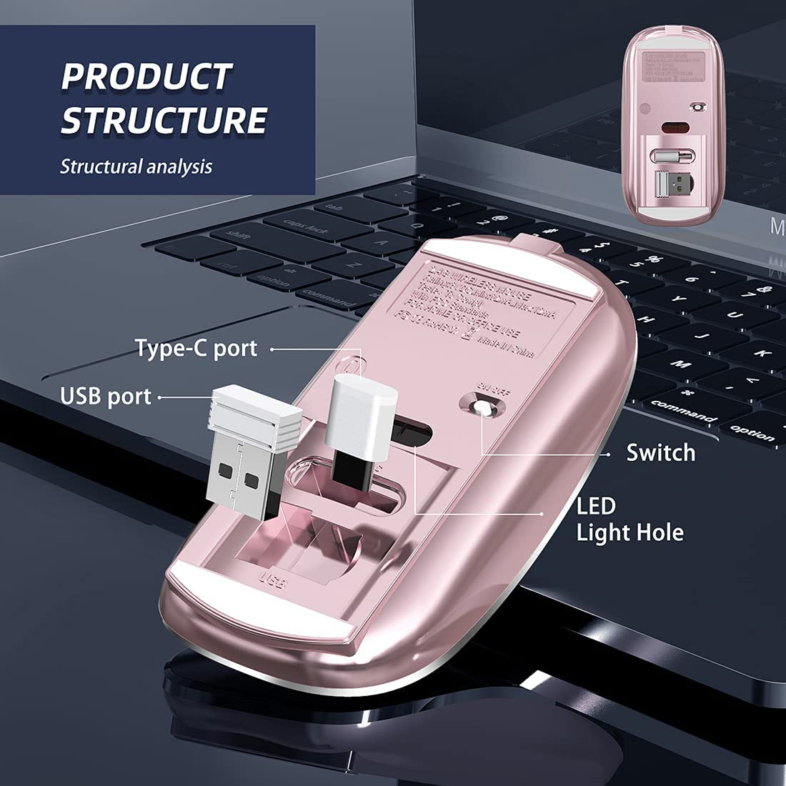 Halpilt Wireless Mouse Rechargeable, Portable, Silent Click USB-A Type-C Dual Mode 3 Adjustable DPI Business Office Leisure Home Small Mouse (Q23S Rose Gold)