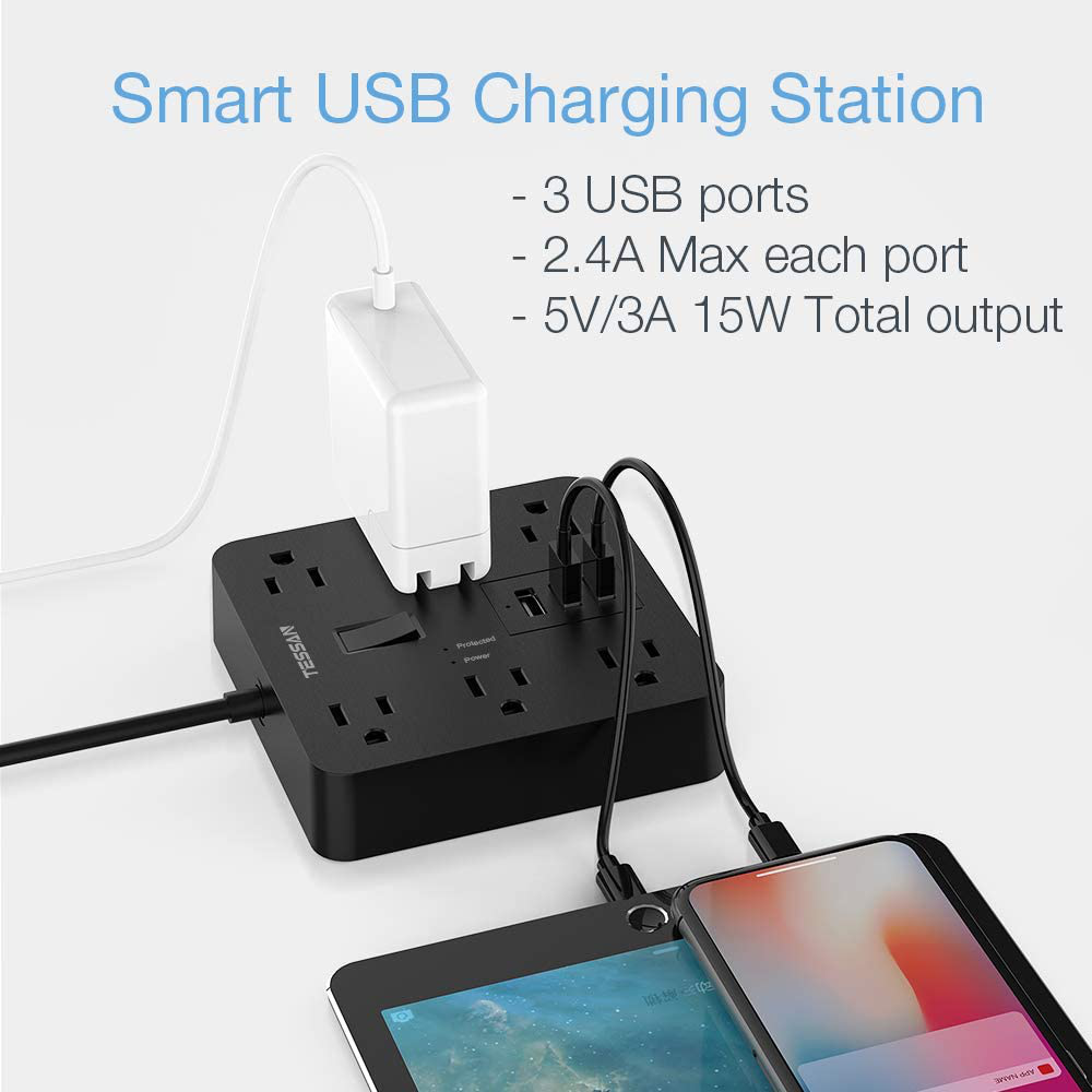 Power Strip with USB, TESSAN Desktop 5 Ft Extension Cord Flat Plug with 6 Widely Spaced Outlets, Built-in 1700J Surge Protector for Home and Office Accessories, Black