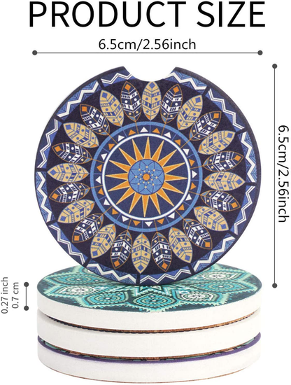 Vaincre 4 Pack 2.56 inch Car Coasters for Drinks Absorbent, Mandala Ceramic Car Cup Holder Coaster for Your Car with Fingertip Grip, Removable Cute Auto Accessories, Keep Car Clean for Women & Girls