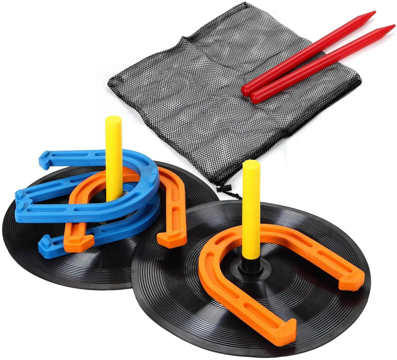 Win SPORTS Outdoor Indoor Rubber Horseshoes Set Includes 4 Horseshoes,2 Pegs,2 Rubber Mats,2 Red Plastic dowels,Beach Games Perfect for Tailgating,Camping,Backyard,Fun for Kids Adults