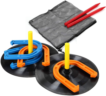 Win SPORTS Outdoor Indoor Rubber Horseshoes Set Includes 4 Horseshoes,2 Pegs,2 Rubber Mats,2 Red Plastic dowels,Beach Games Perfect for Tailgating,Camping,Backyard,Fun for Kids Adults