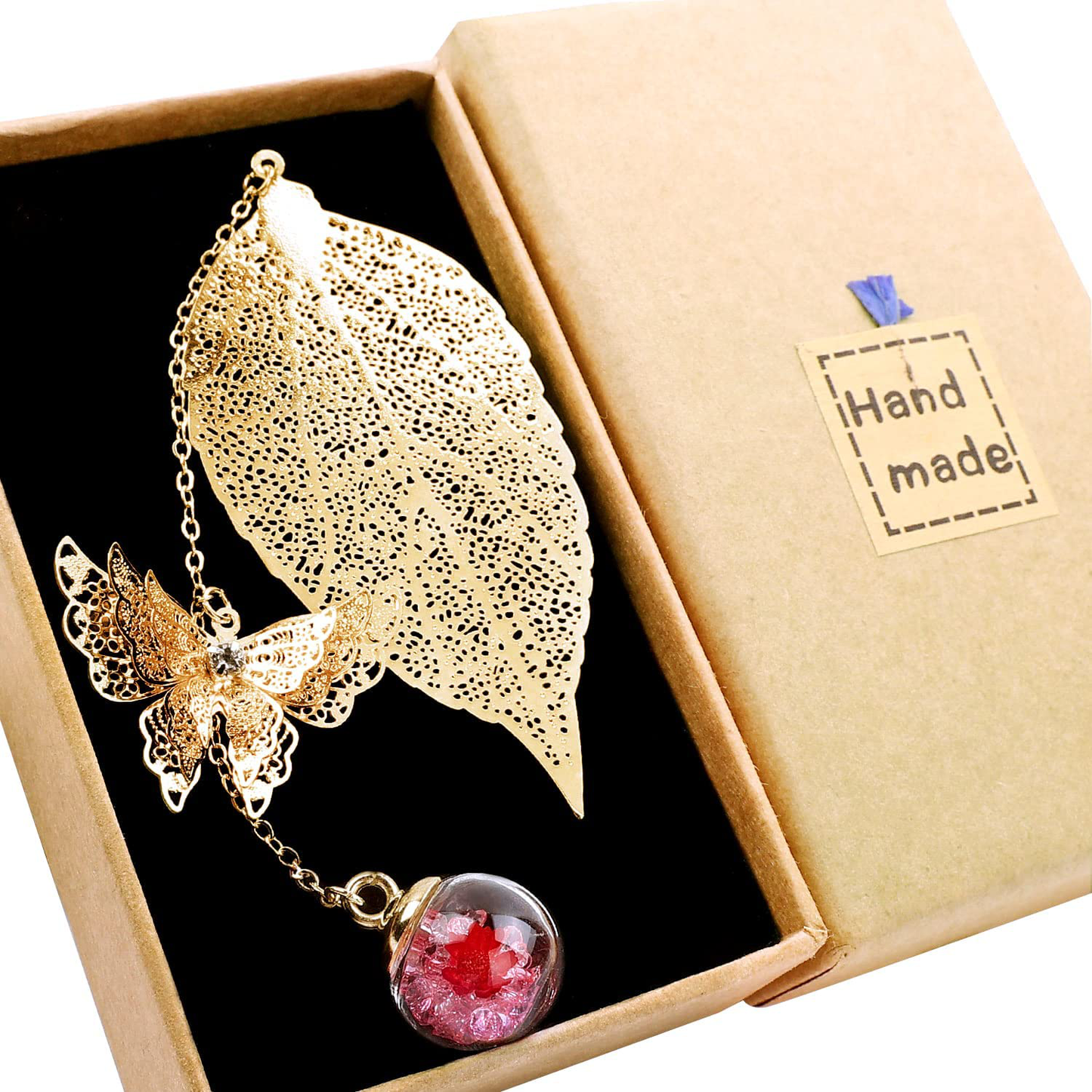 Metal Leaf Bookmark with 3D Butterfly Pendant
