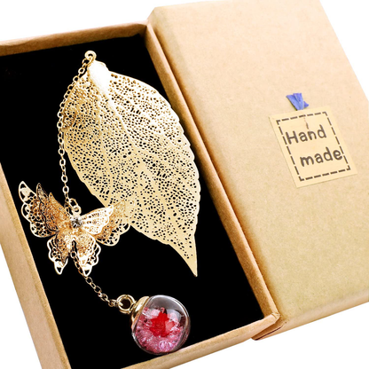 Metal Leaf Bookmark with 3D Butterfly Pendant