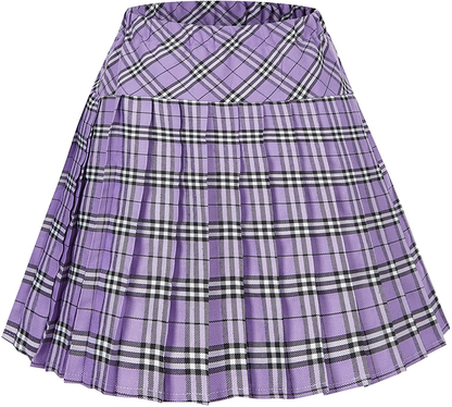 Women's Elastic Waist Plaid Pleated Skirt Tartan Skater School Uniform Mini Skirts
