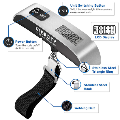 Etekcity Luggage Scale, Digital Portable Handheld Suitcase Weight for Travel with Rubber Paint, Temperature Sensor, 110 Pounds, Battery Included
