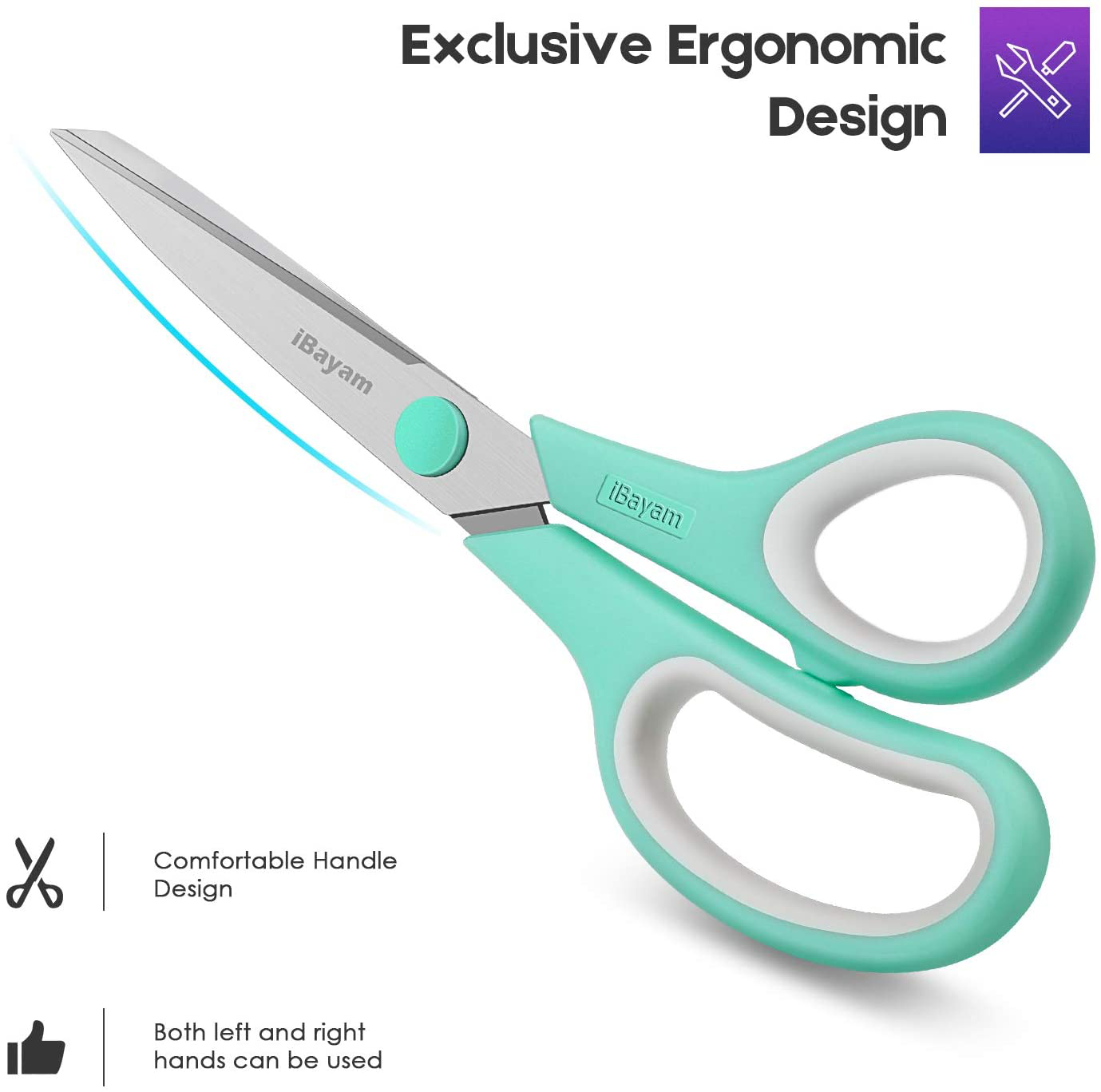 Scissors, iBayam 8" Multipurpose Scissors Bulk 3-Pack, Ultra Sharp Blade Shears, Comfort-Grip Handles, Sturdy Sharp Scissors for Office Home School Sewing Fabric Craft Supplies, Right/Left Handed