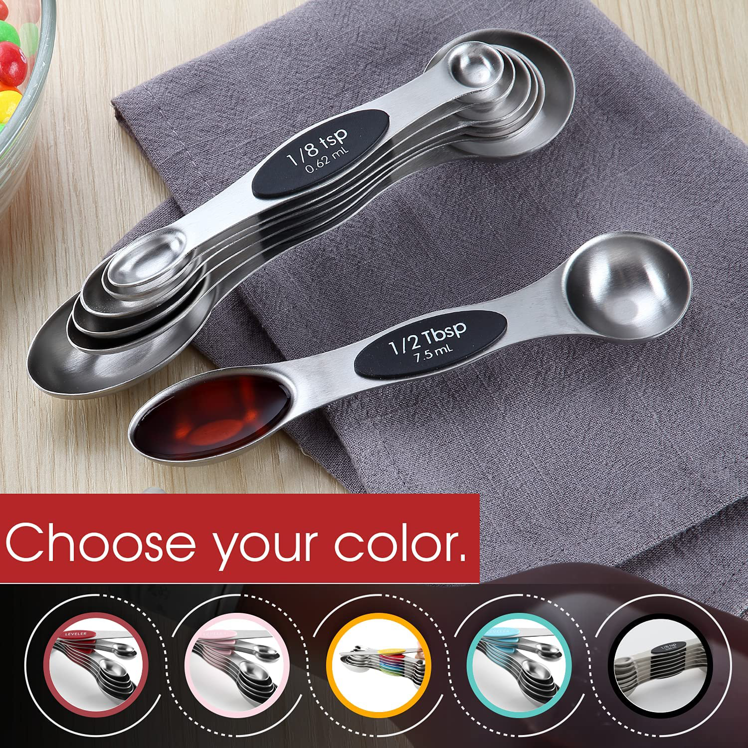 Spring Chef Magnetic Measuring Spoons Set, Dual Sided, Stainless Steel, Fits in Spice Jars, Black, Set of 8